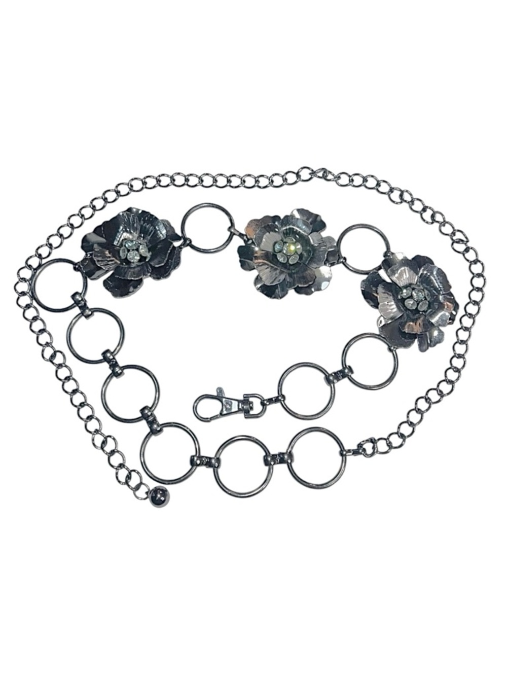 Flower Chain Link Embellished Silver Tone Belt